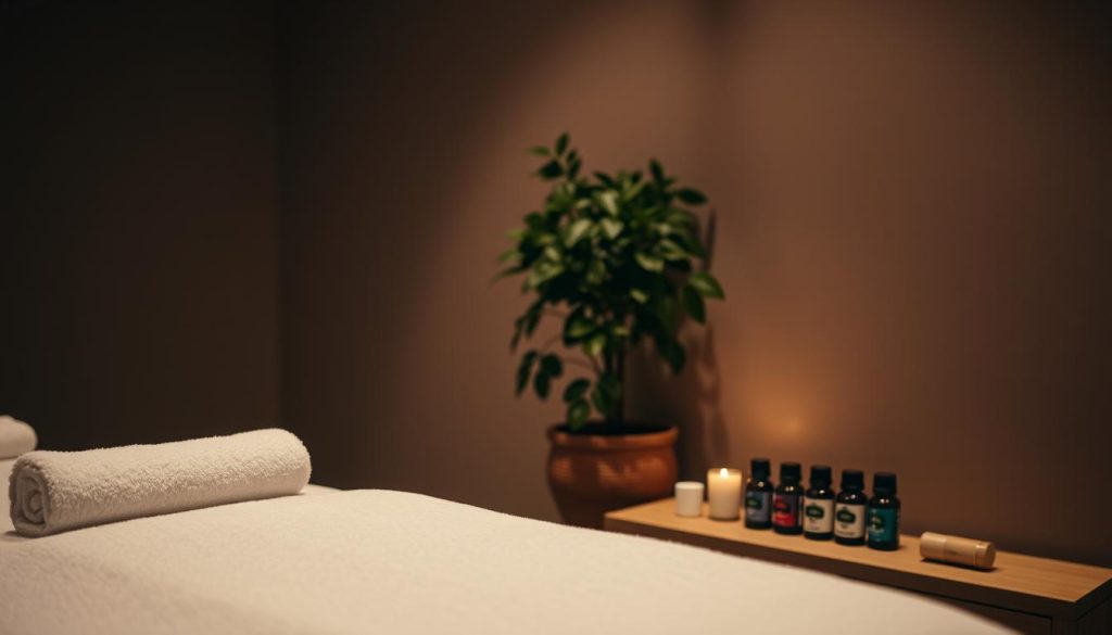 A dimly lit spa-like setting, with soft lighting and soothing music playing in the background. In the foreground, a massage table draped with a plush, white towel, ready for a deep tissue massage. Beside it, an array of essential oil bottles, their labels barely visible, hinting at the aromatherapy experience to come. The middle ground features a potted plant, its lush foliage adding a natural, calming element to the scene. In the background, a muted, earthy-toned wall provides a serene backdrop, setting the stage for a tranquil, restorative massage session.