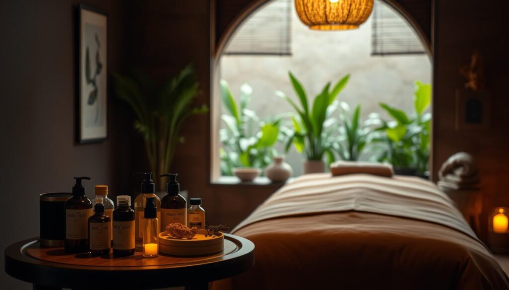 A dimly lit spa-like setting, with warm, ambient lighting and soothing natural textures. In the foreground, an array of massage oils, lotions, and tools are neatly arranged on a wooden side table. The middle ground features a plush massage table, draped with a soft, luxurious fabric in earthy tones. Behind it, a tranquil landscape of lush, verdant plants and serene, minimalist decor creates a calming, serene atmosphere. The overall composition conveys a sense of relaxation, wellness, and the promise of a rejuvenating massage experience.