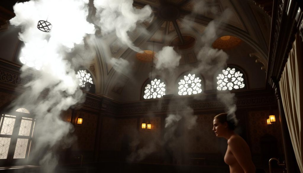 A dimly lit, traditional Turkish hamam (bathhouse) scene. Intricate, ornate architecture with arched domed ceilings, decorative tiles, and warm lighting. Billowing steam fills the air, creating a hazy, serene atmosphere. Sunlight filters through the ornate windows, casting a soft, golden glow. Plush, draped fabrics and ornate brass fixtures add to the luxurious, opulent ambiance. Soothing, tranquil ambiance with a sense of relaxation and indulgence.