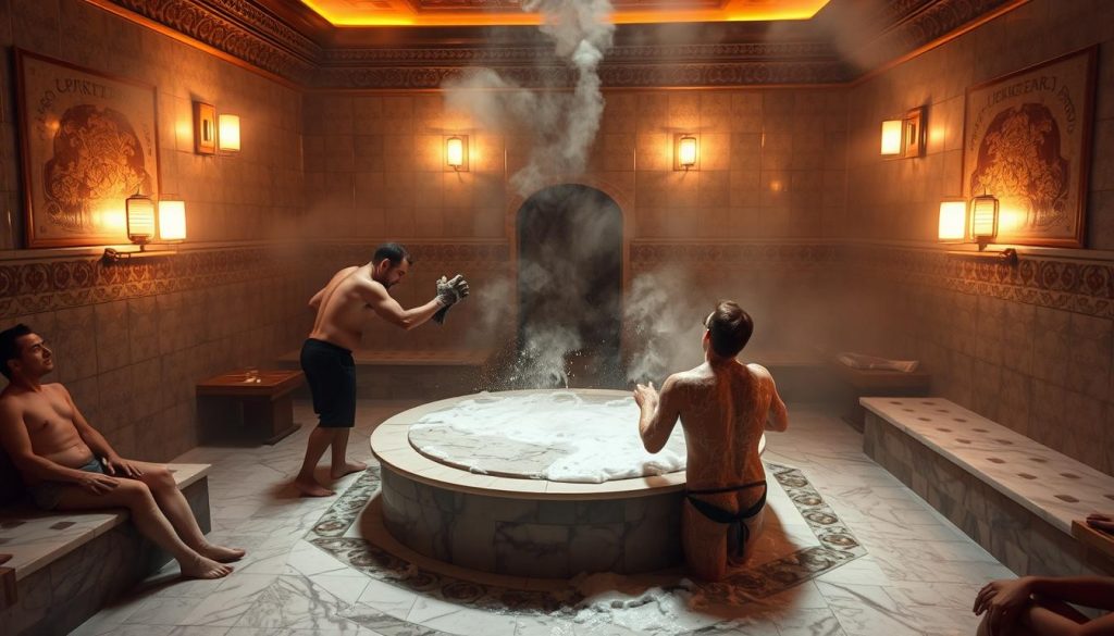A dimly lit, traditional Turkish hamam featuring a central marble slab surrounded by ornate tiled walls. Steam billows, casting a warm, misty glow. In the foreground, a skilled attendant vigorously scrubs a patron's body with a rough kese mitt, creating a thick, foamy lather. On the periphery, other patrons recline on heated marble benches, enjoying the rejuvenating sauna experience. The atmosphere is one of relaxation, indulgence, and centuries-old ritual. Soft, diffused lighting accentuates the ornate architectural details and the serene, rejuvenating ambiance.