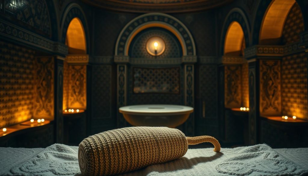 A dimly lit, traditional Turkish hamam interior with intricate tiled walls, ornate arched alcoves, and a central heated marble plinth. Soft, warm lighting casts a golden glow, creating an atmosphere of relaxation and rejuvenation. In the foreground, a traditional kese (exfoliating mitt) lies on a plush towel, its worn, textured surface reflecting the history and ritual of this age-old bathing tradition. The scene evokes the timeless elegance and restorative powers of the hammam experience, transporting the viewer to the heart of Istanbul's centuries-old bathing culture.