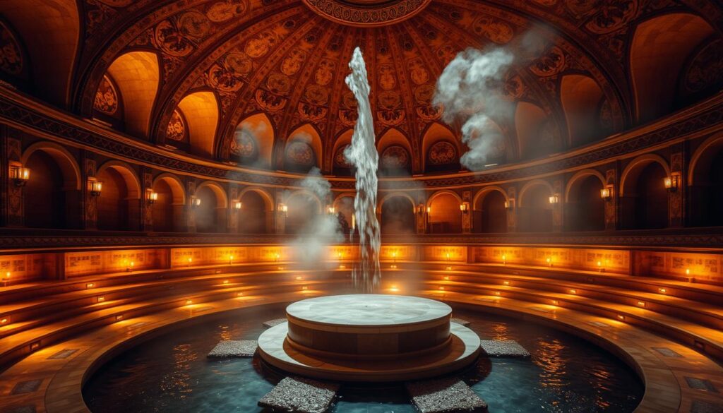 A grand, dimly lit Turkish bath chamber, with arched domed ceilings and intricate tile mosaics lining the walls. Warm, amber-hued lighting casts a soft, soothing glow, creating an atmosphere of tranquility and relaxation. A central, circular marble platform stands as the focal point, surrounded by tiered seating areas where patrons can unwind and enjoy the therapeutic steam. The room is filled with the gentle hiss of water dripping onto heated stones, releasing fragrant clouds of vapor that envelop the space. The scene evokes a timeless, centuries-old tradition of rejuvenation and wellness.