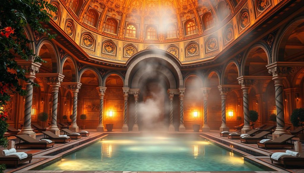 A grand, domed structure with intricate Turkish-style architecture, surrounded by lush greenery and manicured gardens. The interior is bathed in warm, golden lighting, revealing an opulent, marble-clad hammam with ornate stone arches and a large, central pool. Steam rises from the water, creating a serene, misty atmosphere. Plush lounge chairs and towels are neatly arranged, inviting visitors to relax and indulge in the spa's wellness rituals. The scene conveys a sense of luxurious, timeless elegance and the rich cultural heritage of Istanbul.