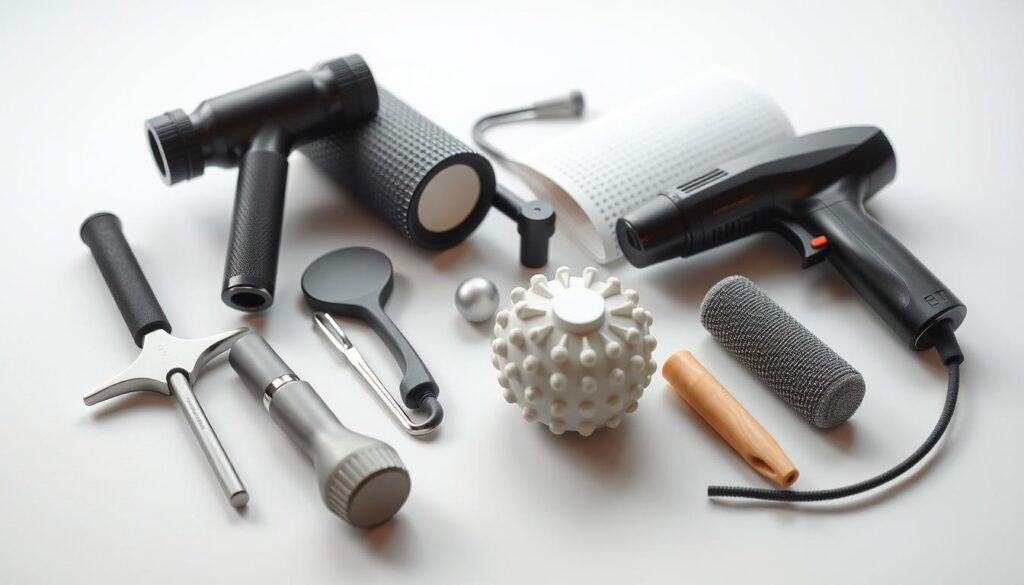 A high-quality, close-up image of various massage tools and accessories arranged on a clean, minimalist surface. The tools should include a massage roller, massage gun, acupressure mat, and other common massage implements. The lighting should be soft and diffused, creating a calm, therapeutic atmosphere. The focus should be on the tools themselves, showcasing their shapes, textures, and ergonomic features in detail. The background should be a simple, neutral color that complements the massage equipment. The overall composition should convey the benefits and versatility of massage tools in a professional, informative manner.