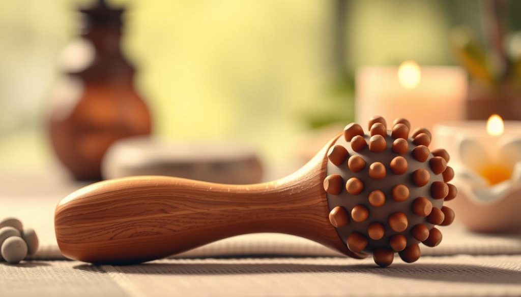 A high-quality massage tool with a smooth, ergonomic design, featuring curved and textured nodes that gently stimulate the nerve endings and energy points on the body. The tool is made of durable, lightweight materials and has a warm, natural wood finish that adds a calming, organic touch. Soft, diffused lighting casts a soothing glow, creating an atmosphere of relaxation and healing. The tool is positioned in the foreground, with a blurred, meditative background of soothing colors and natural elements that evoke a sense of tranquility and holistic well-being.