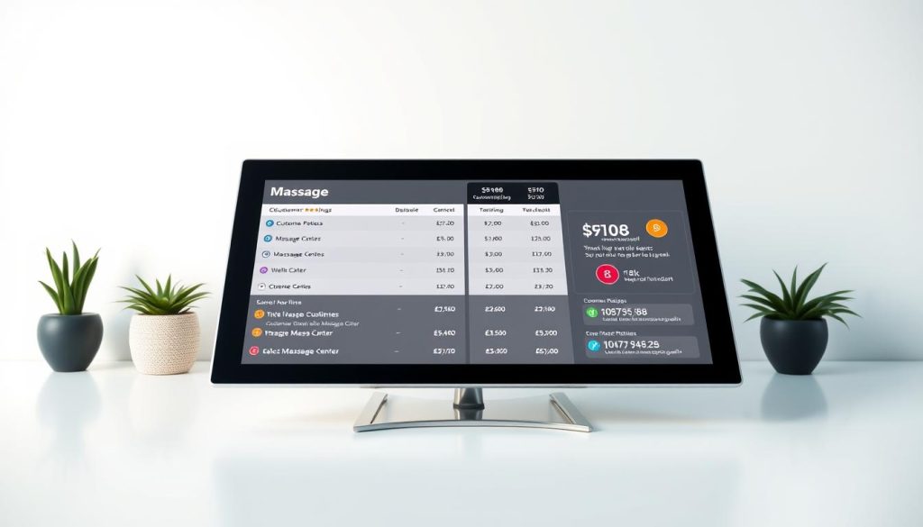 A high-resolution, detailed image of customer reviews and price comparison displayed on a sleek, modern digital screen. The screen is positioned in the foreground, with a clean, minimalist background that highlights the data visualization. The screen displays a side-by-side comparison of customer ratings, pricing information, and other relevant details for various massage centers in Istanbul. The image has a professional, informative tone, conveying the idea of researching and selecting a trustworthy massage center. The lighting is soft and evenly distributed, creating a calm and inviting atmosphere. The overall composition is balanced and visually appealing, making it suitable for use in the article section.