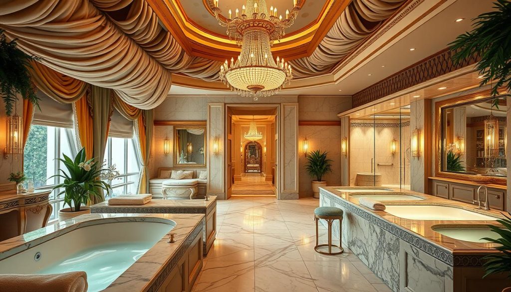 A lavish and opulent spa retreat, adorned with plush fabrics, polished marble, and gleaming brass accents. Soft, warm lighting casts a gentle glow, creating a serene and indulgent atmosphere. Elegant chandeliers hang overhead, their crystals reflecting the light, while lush greenery and fragrant flowers add a touch of natural beauty. Spacious treatment rooms feature deep soaking tubs, steam showers, and massage tables, inviting guests to experience the ultimate in luxury and relaxation. The attention to detail is impeccable, from the exquisite tile work to the high-end amenities, offering a truly exceptional spa experience.