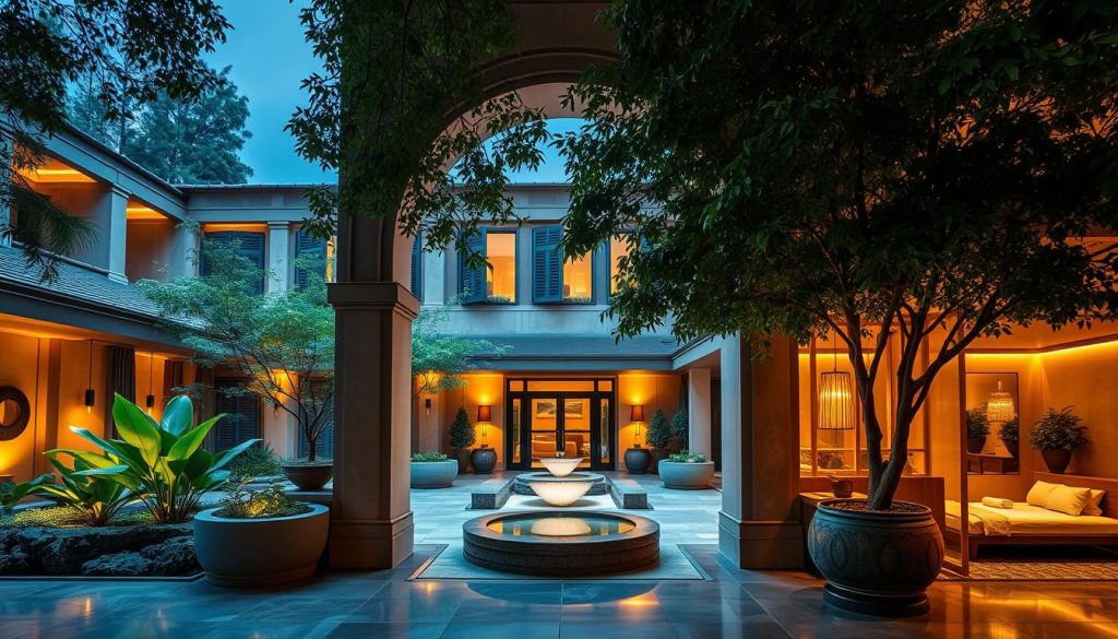 A lavish and serene spa center nestled in the heart of a bustling city. The entrance is a grand archway leading to a tranquil courtyard with lush greenery and a soothing water feature. Ambient lighting casts a warm glow, creating an intimate and relaxing atmosphere. The interior is a harmonious blend of natural materials, such as polished wood and stone, with elegant furnishings and plush textiles. Clients are escorted to private treatment rooms, where they can indulge in personalized wellness rituals, from soothing massages to rejuvenating facials, all designed to transport them away from the city's vibrant pulse and into a state of pure tranquility.