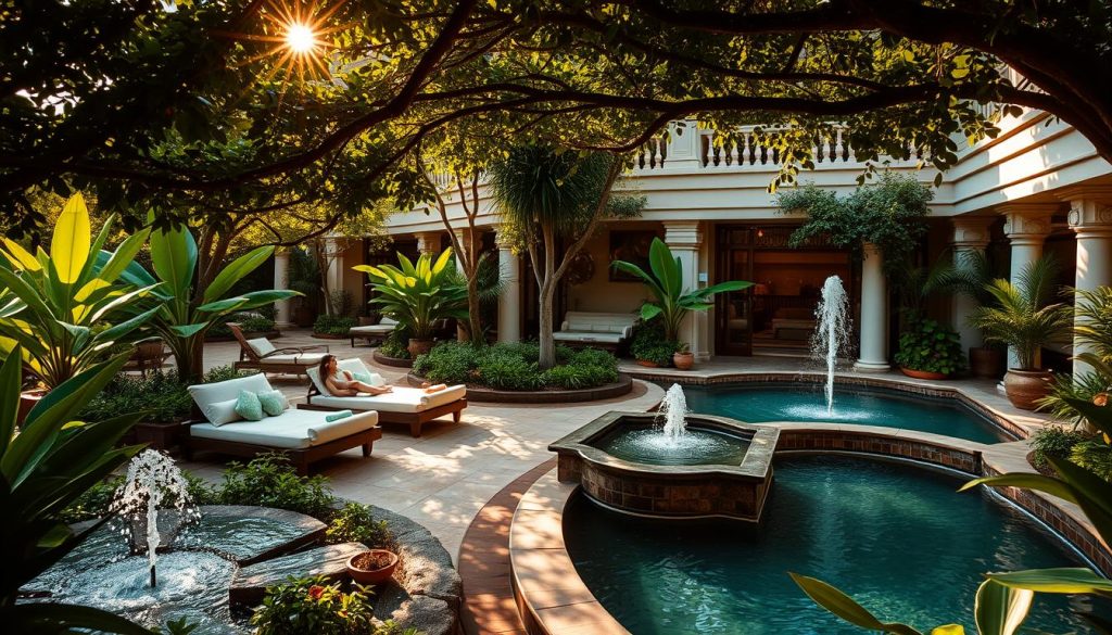 A lush garden oasis, with a serene hotel spa nestled amidst verdant foliage and tranquil water features. Warm sunlight filters through the canopy, casting a gentle glow on the elegant architecture. Guests lounge on plush daybeds, indulging in rejuvenating treatments as the sound of cascading fountains soothes the senses. Luxurious amenities and impeccable service create an atmosphere of pure relaxation and well-being. The scene evokes a sense of escape, where the stresses of the outside world melt away, leaving only a peaceful haven for mind, body, and spirit.