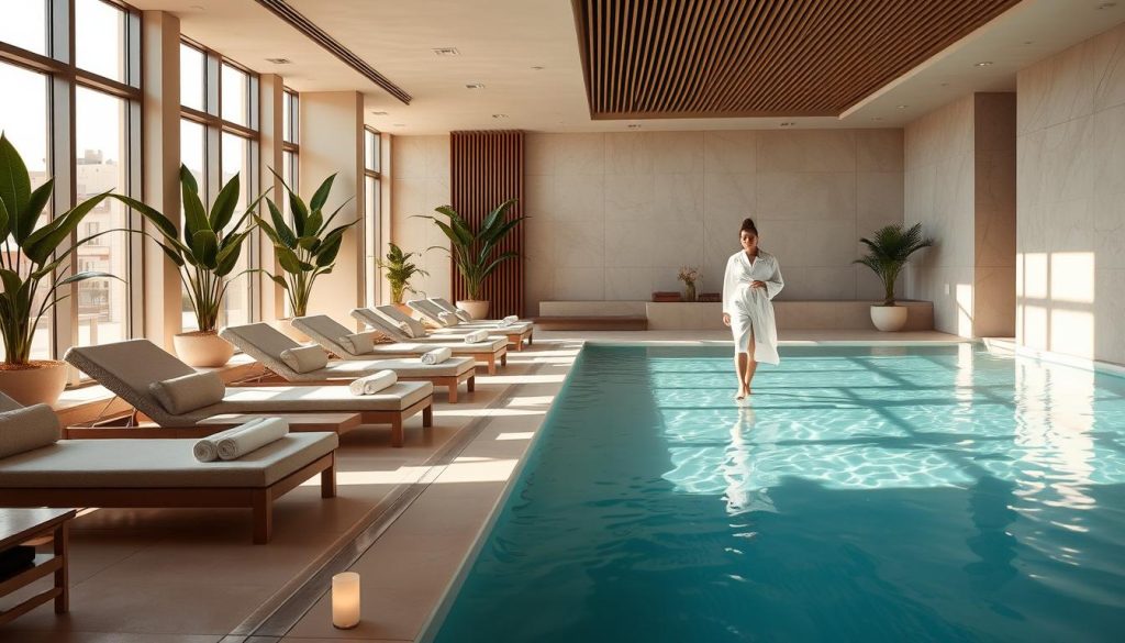 A luxurious Istanbul spa, softly lit with natural light filtering through large windows. Plush loungers and minimalist decor create a serene, zen-like ambiance. Lush potted plants and natural wood accents evoke a sense of harmony with nature. Sunlight dances on the surface of a tranquil pool, inviting visitors to indulge in a rejuvenating hydrotherapy session. Elegant, white-robed attendants move gracefully, offering personalized treatments and refreshments. The space exudes an atmosphere of relaxation, where the senses are soothed, and the mind is allowed to drift into a state of pure, blissful tranquility. A luxurious Istanbul spa, softly lit with natural light filtering through large windows. Plush loungers and minimalist decor create a serene, zen-like ambiance. Lush potted plants and natural wood accents evoke a sense of harmony with nature. Sunlight dances on the surface of a tranquil pool, inviting visitors to indulge in a rejuvenating hydrotherapy session. Elegant, white-robed attendants move gracefully, offering personalized treatments and refreshments. The space exudes an atmosphere of relaxation, where the senses are soothed, and the mind is allowed to drift into a state of pure, blissful tranquility.