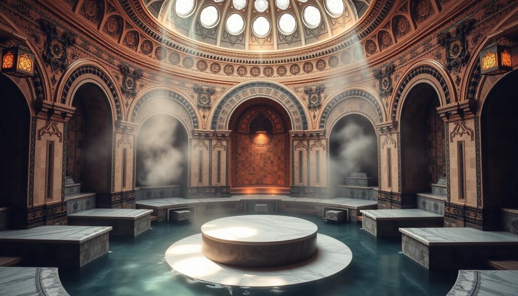 A luxurious Turkish bath experience in a tranquil oasis, with sunlight filtering through ornate domed ceilings and intricately tiled walls. The steamy, warmth-enveloped interior features a central marble plinth, surrounded by alcoves housing heated marble slabs for relaxation. Aromatic oils and the gentle sound of flowing water create a serene ambiance, inviting guests to unwind and rejuvenate. Soft lighting casts a warm glow, while intricate architectural details and ornamental patterns evoke the rich cultural heritage of this traditional spa ritual. The calming atmosphere and meticulous design elements transport visitors to a realm of pure relaxation and wellness.
