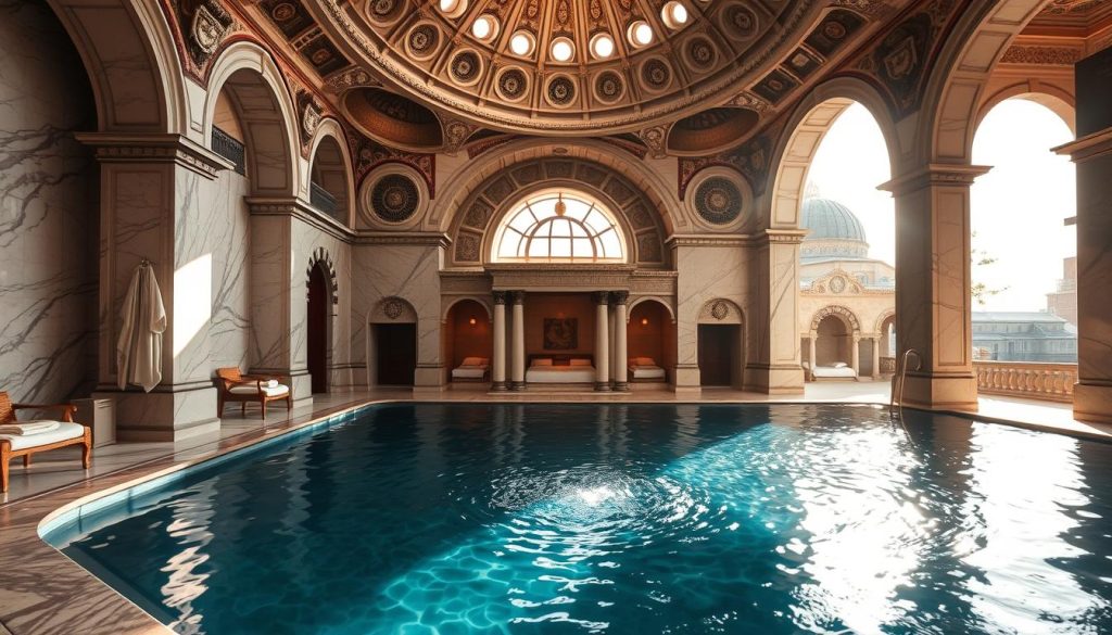 A luxurious Turkish bath house nestled in the heart of Istanbul, the Türk hamamı exudes a timeless elegance. Sunlight filters through ornate domed ceilings, casting a warm glow upon the intricate marble interiors. Plush towels and richly-textured fabrics adorn the serene spaces, while the soothing sounds of cascading water echoes throughout. In the foreground, a tranquil pool reflects the ornate architectural details, inviting visitors to indulge in a moment of pure relaxation. The middle ground showcases elegant alcoves and private massage rooms, where the natural spa experience seamlessly blends with modern sophistication. In the background, the iconic domed silhouette stands as a testament to the evolving legacy of Istanbul's renowned spa culture.