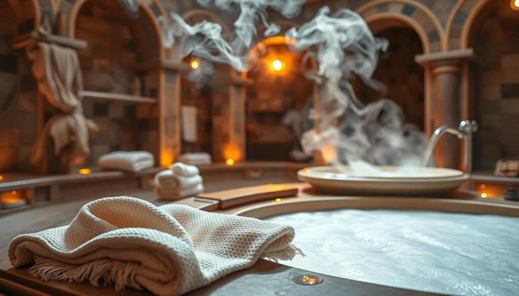 A luxurious Turkish bath scene, the steam rising in wispy tendrils, illuminated by warm, ambient lighting. In the foreground, a traditional kese cloth lays folded, ready to exfoliate and cleanse. Nearby, a frothy, aromatic soap lather swirls in a large, ornate basin, inviting the viewer to experience the rejuvenating kese köpük massage. The middle ground features plush towels and accessories, hinting at the pampering to come. In the background, the rich, tiled walls and arched doorways evoke the timeless elegance of a historic Hamam, creating a serene and tranquil atmosphere for this soothing wellness ritual.