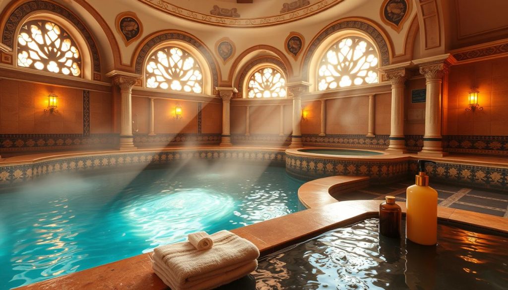 A luxurious Turkish-style bathhouse, with warm, inviting steam-filled rooms, ornate tile work, and soothing pools of glistening water. Sunlight filters through decorative windows, casting a soft, ambient glow. Plush towels and aromatic oils suggest a tranquil, rejuvenating experience. The scene evokes a sense of relaxation and indulgence, perfectly capturing the essence of the high-end spa and massage centers found throughout Istanbul's European side.