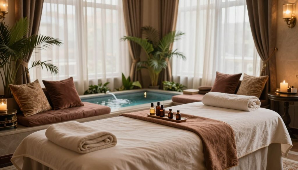 A luxurious VIP massage service setting in Istanbul, showcasing an opulent room with rich textiles, plush cushions, and ambient lighting. The foreground features a beautifully arranged massage table adorned with soft, elegant linens and a selection of aromatherapy oils. In the middle ground, a serene water feature gently flows, surrounded by exotic plants that enhance the tranquil atmosphere. The background reveals large windows draped with sheer curtains, allowing soft, natural light to filter through and create a warm glow. The overall mood is calm and inviting, emphasizing relaxation and exclusivity, suitable for a high-end wellness experience. The composition focuses on creating a sense of peace and luxury, without any human subjects. A luxurious VIP massage service setting in Istanbul, showcasing an opulent room with rich textiles, plush cushions, and ambient lighting. The foreground features a beautifully arranged massage table adorned with soft, elegant linens and a selection of aromatherapy oils. In the middle ground, a serene water feature gently flows, surrounded by exotic plants that enhance the tranquil atmosphere. The background reveals large windows draped with sheer curtains, allowing soft, natural light to filter through and create a warm glow. The overall mood is calm and inviting, emphasizing relaxation and exclusivity, suitable for a high-end wellness experience. The composition focuses on creating a sense of peace and luxury, without any human subjects.