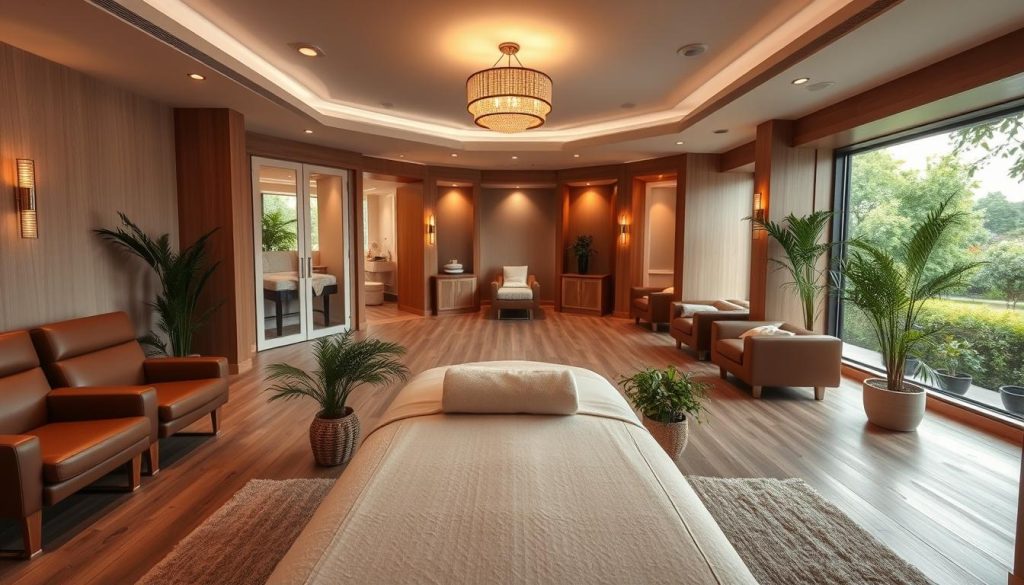 A luxurious and serene Pendik massage parlor, featuring plush leather chairs, soft lighting, and the scent of soothing essential oils. In the foreground, a tranquil massage table awaits, surrounded by potted plants and natural wood accents. The middle ground showcases a row of private treatment rooms, each with a calming ambiance and state-of-the-art massage equipment. In the background, a panoramic window overlooks the lush greenery of a nearby park, creating a sense of peaceful isolation. The overall atmosphere is one of relaxation and rejuvenation, perfectly capturing the essence of the "En Etkili Masaj Teknikleriyle Pendik Masaj Salonları" experience.