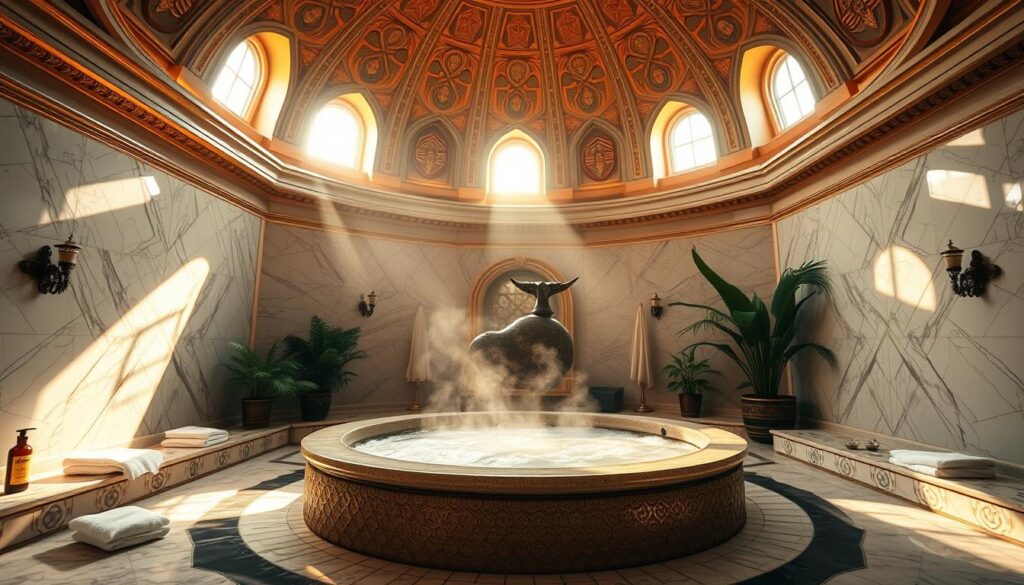 A luxurious and serene Turkish hamam bath scene. The ornate domed ceiling casts a warm, golden glow over the marble-lined room. Sunlight streams through high windows, illuminating the plush towels, fragrant oils, and traditional tiled walls. In the center, a large, raised circular stone basin filled with steaming water beckons for a soothing soak. Lush potted plants and ornate decorative elements create a tranquil, immersive atmosphere, transporting the viewer to a peaceful oasis of relaxation and rejuvenation.