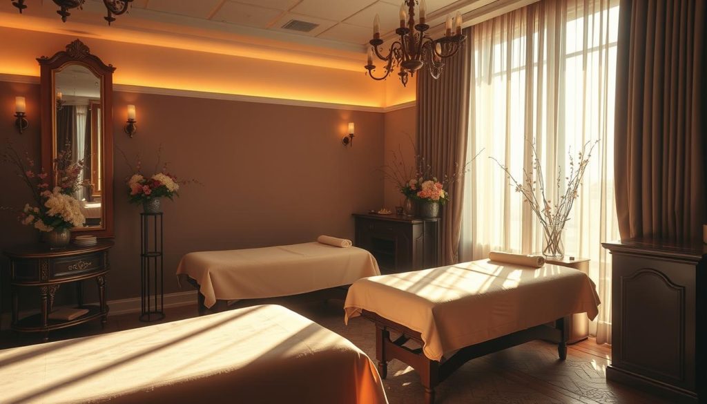A luxurious and serene massage parlor tucked away in the bustling heart of Istanbul. Soft, diffused lighting casts a warm, calming glow over plush leather massage tables and ornate wooden accents. Delicate floral arrangements and the gentle scent of essential oils create an atmosphere of tranquility, a soothing respite from the city's vibrant energy. Sunlight filters through sheer curtains, casting long shadows and highlighting the elegance of the space. Clients are enveloped in a cocoon of relaxation, their senses lulled by the rhythmic kneading of skilled masseuses. This is an oasis of calm, a place to slow down and indulge in the rejuvenating power of traditional Turkish massage techniques.