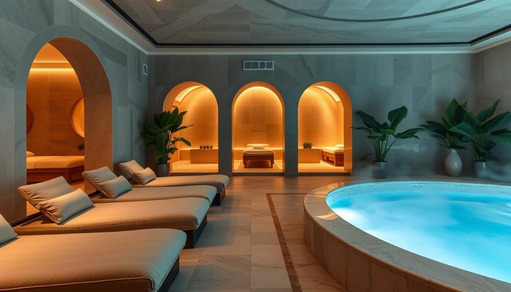 A luxurious and serene spa retreat, nestled in the heart of Istanbul. A tranquil oasis of natural materials and soothing, ambient lighting. Plush, oversized loungers invite guests to unwind, as steam rises from a marble-clad thermal pool. Arched doorways lead to private treatment rooms, where skilled therapists administer traditional Turkish massages and holistic wellness rituals. Lush potted plants and calming water features create a harmonious, zen-like atmosphere, transporting visitors to a realm of total relaxation and rejuvenation. Soft, muted tones and a minimalist, contemporary design evoke a sense of modern luxury, blending the city's storied spa heritage with a refined, forward-thinking approach to wellness.