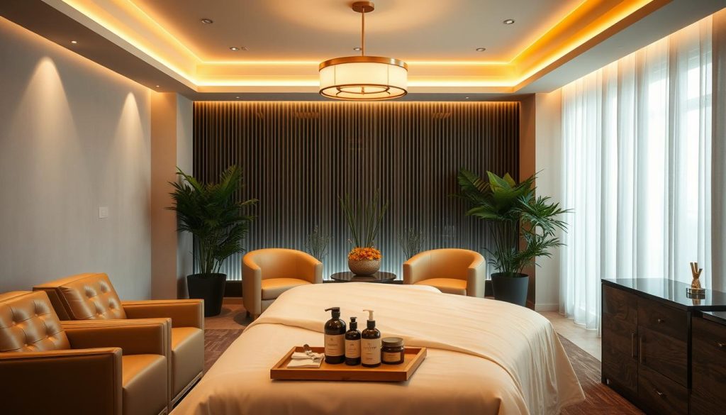A luxurious corporate massage studio in Istanbul, bathed in warm, soothing lighting. Plush leather chairs and soft, neutral-toned decor create a serene, high-end ambiance. In the foreground, a massage table draped in soft, white linens, with a set of massage oils and tools neatly arranged nearby. Overhead, a modern, minimalist light fixture casts a gentle glow, accentuating the tranquil atmosphere. In the background, lush potted plants and sleek, wooden accents contribute to the sophisticated, urban aesthetic. The overall scene conveys a sense of relaxation, rejuvenation, and elevated professionalism, perfectly suited for corporate VIP massage packages.