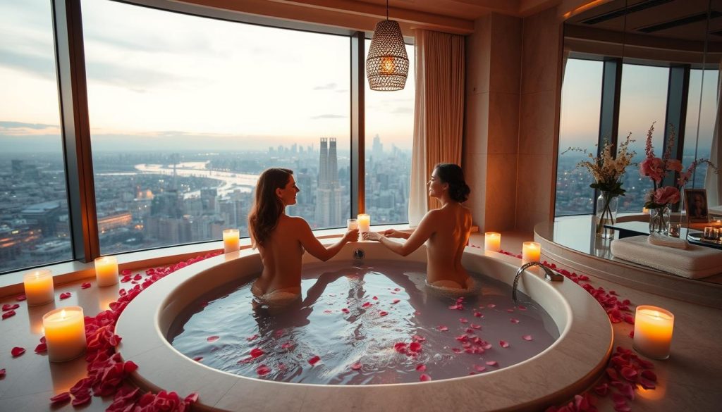 A luxurious couples' spa experience, bathed in warm candlelight and soft rose petals. A serene, intimate sanctuary with a tranquil, oversized jacuzzi taking center stage, inviting lovers to relax and reconnect. Plush, neutral-toned linens and decor create a calming, romantic ambiance, while a large, floor-to-ceiling window offers a breathtaking city skyline backdrop. Subtle, dappled lighting from hanging pendant fixtures casts a gentle glow, heightening the sense of tranquility. Smooth, polished stone surfaces and delicate floral arrangements complete the refined, spa-like atmosphere, perfect for a couple's indulgent retreat.