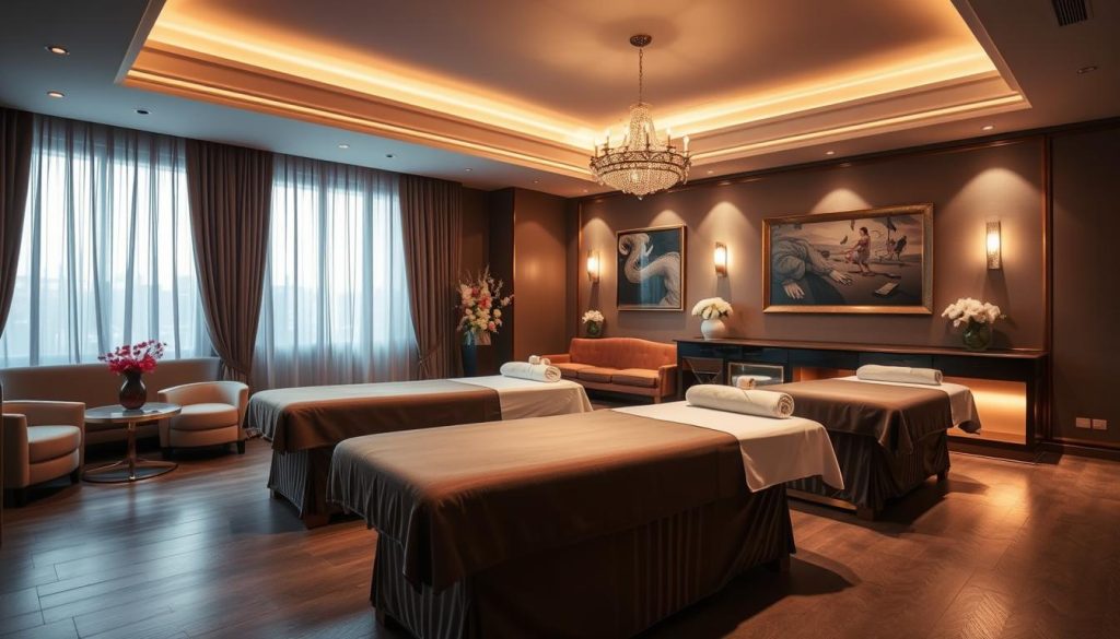 A luxurious, dimly lit massage parlor in Ataşehir, with elegant decor and plush, inviting furniture. Soft, warm lighting creates a serene, tranquil atmosphere, while high-end massage tables and premium-quality linens suggest a pampering, indulgent experience. The scene conveys a sense of sophisticated relaxation, with attention to every detail, from the vases of fresh flowers to the carefully curated artwork on the walls. The overall impression is one of unparalleled comfort and opulence, catering to the discerning clientele seeking a truly exceptional, five-star massage service.