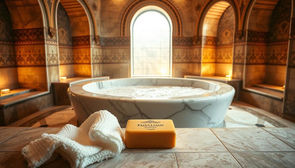 A luxurious hamam scene set in a traditional Turkish bathhouse. A large marble basin filled with warm, sudsy water takes center stage, surrounded by ornate tile walls and arched alcoves. Soft, diffused lighting casts a golden glow, creating an inviting and soothing atmosphere. In the foreground, a fluffy white kese cloth and a bar of rich, fragrant soap await, ready to gently exfoliate and cleanse the skin. The overall scene evokes a sense of pampering, relaxation, and centuries-old wellness rituals.
