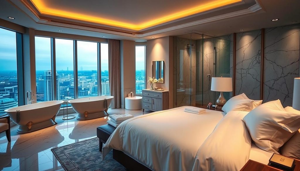 A luxurious hotel spa room with a serene, atmospheric ambiance. Soft lighting casts a warm glow, highlighting the elegant marble bathroom with a clawfoot tub and glass-enclosed shower. The centerpiece is a plush king-size bed draped in crisp, white linens, surrounded by tasteful modern furnishings. Large windows offer a picturesque cityscape view, creating a sense of tranquility and exclusivity. Subtle textures, muted tones, and minimal decor evoke a refined, indulgent experience perfect for a couple's VIP spa retreat.