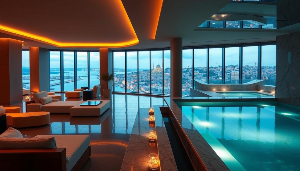 A luxurious indoor spa nestled in a modern high-rise, bathed in warm, ambient lighting. Floor-to-ceiling windows offer panoramic views of the bustling Bosphorus. Plush, minimalist lounge areas with sleek, contemporary furnishings invite guests to unwind. Elegant, marble-clad treatment rooms feature state-of-the-art hydrotherapy equipment and tranquil water features. A tranquil, four-season rooftop terrace overlooks the iconic Istanbul skyline, creating a serene, sanctuary-like atmosphere. Soft, natural textures and muted color palettes evoke a sense of refined sophistication. The overall scene conveys an aura of luxury, relaxation, and indulgence.