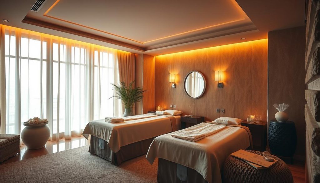 A luxurious spa and massage center nestled in the heart of Istanbul, bathed in warm, ambient lighting. Elegant decor, with plush textiles and natural stone accents, creating a soothing, tranquil atmosphere. Skilled massage therapists perform their craft in private, serene treatment rooms, offering a respite from the bustling city outside. Sunlight filters through large windows, casting a soft glow over the space. Aromatic essential oils and calming music transport visitors to a state of deep relaxation. A serene oasis of indulgence and rejuvenation, catering to the needs of the modern, stressed professional.
