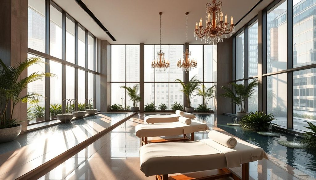 A luxurious spa center nestled within a serene urban oasis. Sunlight filters through expansive windows, casting a warm glow over the sleek, minimalist interior. Plush massage tables await, surrounded by serene water features and lush greenery. Elegant chandeliers illuminate the space, creating an atmosphere of refined relaxation. Guests are transported to a tranquil haven, a sanctuary of modern wellness and rejuvenation amidst the bustling city.