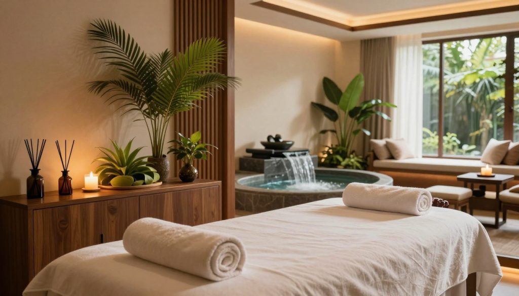 A luxurious spa experience in a serene environment, featuring a beautifully designed interior with soft, ambient lighting. In the foreground, a peaceful massage room with a plush massage table adorned with rolled towels and scented candles. In the middle, elegant decor including lush green plants, aromatic essential oil diffusers, and polished wooden accents. The background reveals a tranquil relaxation area with a bubbling water feature and comfortable seating, surrounded by calming colors and textures. Natural light streams in through large windows, creating a warm and inviting atmosphere. The overall mood is one of peace and relaxation, perfect for a high-end spa experience.