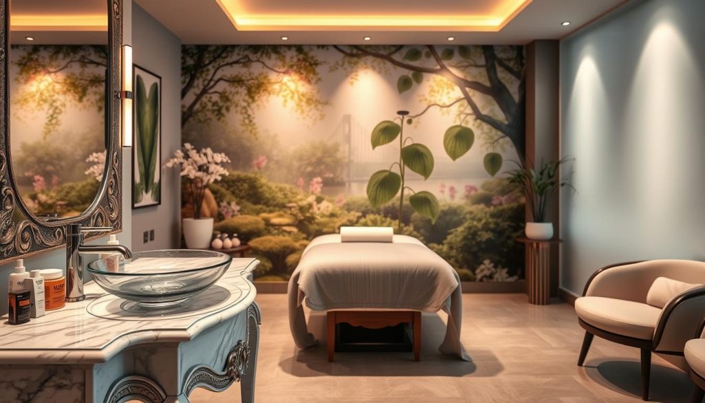 A luxurious spa interior with a serene, cozy atmosphere. The foreground features an ornate marble vanity with an elegant glass basin, surrounded by sleek modern beauty products. The middle ground showcases a plush upholstered treatment table, bathed in warm, diffused lighting. The background depicts a soothing mural of a tranquil garden scene, creating a sense of harmony and relaxation. The overall composition conveys a high-end wellness experience, perfect for an upscale beauty center.