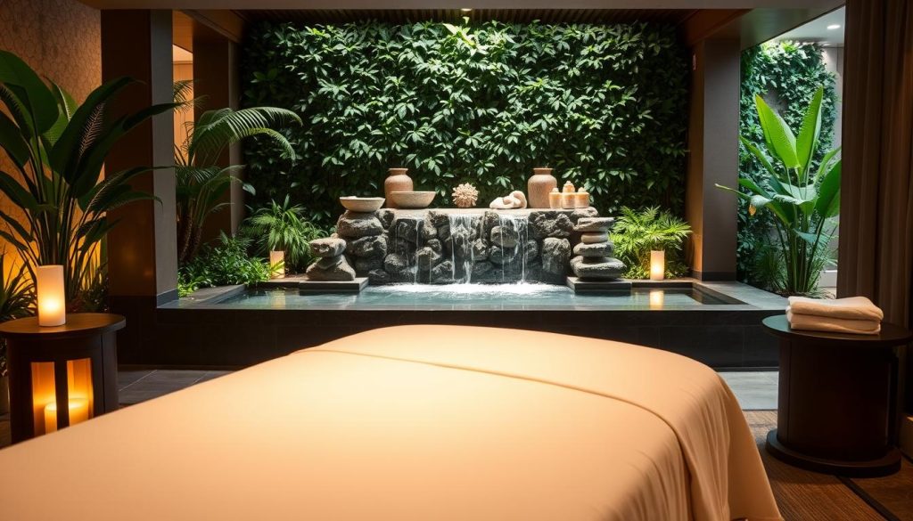 A luxurious spa interior with an elegant, calming atmosphere. The foreground features a plush massage table draped in soft, high-quality linens. The middle ground showcases a soothing water feature, its tranquil sounds adding to the relaxing ambiance. The background is adorned with lush greenery, creating a serene, nature-inspired setting. Soft, diffused lighting illuminates the space, casting a warm, inviting glow. The overall composition exudes a sense of opulence and rejuvenation, perfectly capturing the essence of a premium spa experience.