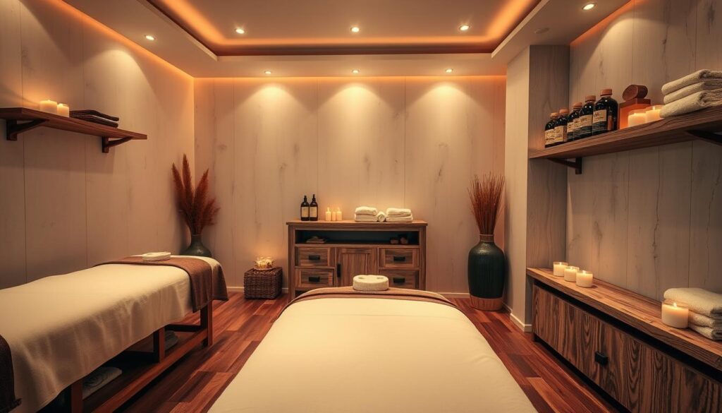 A luxurious spa interior with plush massage tables, dimmed lighting, and soothing aromatherapy candles. Soft, warm towels and massage oils neatly arranged on weathered wooden shelves. The space exudes an atmosphere of tranquility and relaxation, inviting the viewer to indulge in the professional and reliable male massage services offered. The scene is captured through a wide-angle lens, showcasing the cozy and inviting ambiance of the spa setting.