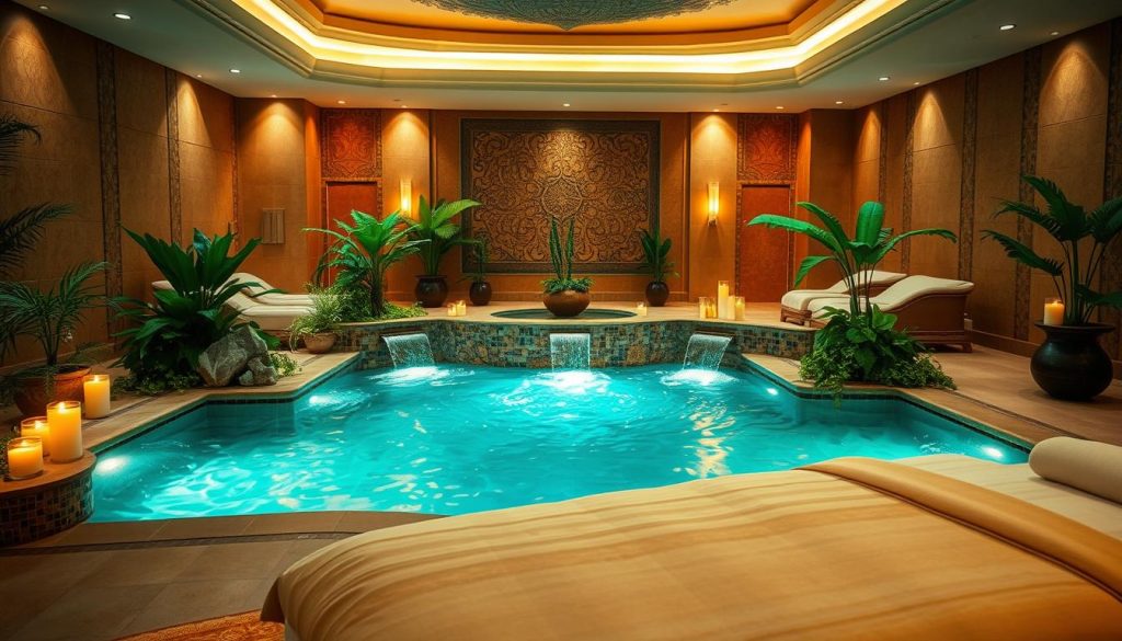 A luxurious spa interior with tranquil lighting and soothing water features. The foreground showcases a beautifully appointed massage table surrounded by plush linens and aromatherapy candles. The middle ground features a serene pool with gently cascading waterfalls, surrounded by lush greenery and soft textiles. The background depicts a warm, earthy-toned decor with intricate tilework and elegant furnishings, creating a welcoming and rejuvenating atmosphere. The overall scene conveys a sense of relaxation, indulgence, and high-quality spa services.