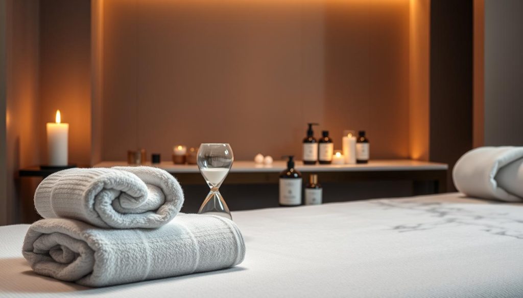 A luxurious spa-like setting with a minimalist, high-end aesthetic. The foreground showcases a beautifully presented massage package, featuring a soft, plush towel, a stylish hourglass timer, and a serene candle flickering in the background. The middle ground displays an elegant, marble-top table with a carefully curated selection of premium massage oils and lotions. The background is a tranquil, dimly lit space with warm, inviting lighting, creating a calming and relaxing atmosphere. The overall composition exudes an atmosphere of relaxation, indulgence, and premium wellness services.