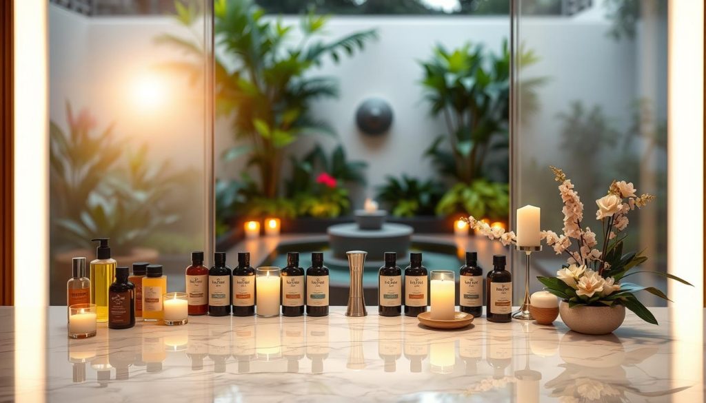 A luxurious spa-like setting with an elegant marble-topped counter, surrounded by neatly arranged rows of massage oils, scented candles, and soothing botanical arrangements. The lighting is soft and warm, creating a calming, serene atmosphere. The background features a tranquil garden scene, with lush greenery and a serene water feature. The entire composition conveys a sense of indulgence, relaxation, and exclusivity, perfectly suited for a VIP massage experience. A luxurious spa-like setting with an elegant marble-topped counter, surrounded by neatly arranged rows of massage oils, scented candles, and soothing botanical arrangements. The lighting is soft and warm, creating a calming, serene atmosphere. The background features a tranquil garden scene, with lush greenery and a serene water feature. The entire composition conveys a sense of indulgence, relaxation, and exclusivity, perfectly suited for a VIP massage experience.