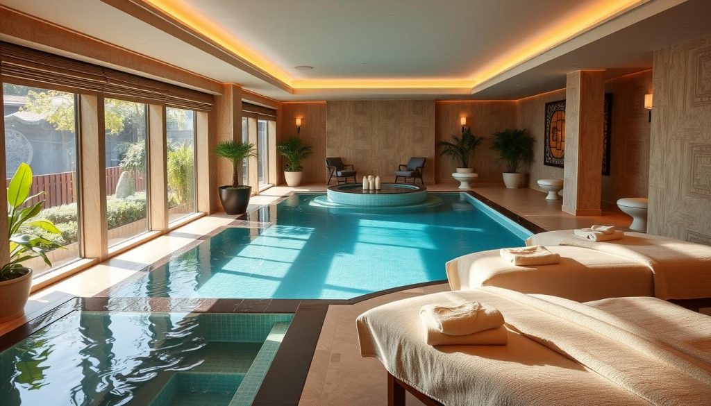 A luxurious spa oasis nestled in the heart of Istanbul, featuring serene treatment rooms, soothing ambient lighting, and elegant Turkish-inspired decor. Sunlight filters through large windows, casting a warm glow over the tranquil indoor pool and jacuzzi. Plush robes and slippers await guests as they indulge in rejuvenating massages, facials, and body treatments, all set against a backdrop of lush greenery and soothing water features. The spa's peaceful atmosphere transports visitors to a state of pure relaxation, catering to the needs of discerning international clientele seeking an exceptional wellness experience in the vibrant city of Istanbul. A luxurious spa oasis nestled in the heart of Istanbul, featuring serene treatment rooms, soothing ambient lighting, and elegant Turkish-inspired decor. Sunlight filters through large windows, casting a warm glow over the tranquil indoor pool and jacuzzi. Plush robes and slippers await guests as they indulge in rejuvenating massages, facials, and body treatments, all set against a backdrop of lush greenery and soothing water features. The spa's peaceful atmosphere transports visitors to a state of pure relaxation, catering to the needs of discerning international clientele seeking an exceptional wellness experience in the vibrant city of Istanbul.