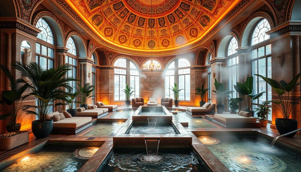 A luxurious spa oasis nestled in the heart of Istanbul, with ornate domed ceilings, intricate mosaic tiles, and plush lounge areas. Warm lighting casts a serene glow, as steam rises from heated pools and attendants offer soothing massages. Lush potted plants and cascading fountains create a tranquil atmosphere, transporting visitors to a realm of relaxation and rejuvenation. Sleek, modern design elements blend seamlessly with the historic architecture, offering a harmonious blend of old and new. The scene evokes a sense of wellness and indulgence, inviting guests to indulge in the city's rich tradition of spa and wellness experiences.