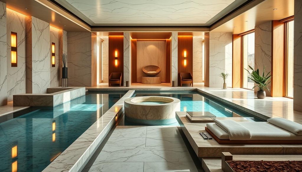 A luxurious spa oasis nestled within the historic heart of Istanbul, bathed in warm, natural light that filters through floor-to-ceiling windows. A serene sanctuary of sleek marble, wood, and bronze accents, where guests are transported to a realm of pure indulgence. Plush, modernist furnishings and soothing water features create an atmosphere of tranquility, while expertly crafted treatments and amenities cater to the most discerning of spa-goers. The Ritz-Carlton Istanbul's spa is a harmonious blend of old-world elegance and contemporary refinement, a haven of relaxation and rejuvenation in the midst of the vibrant city.