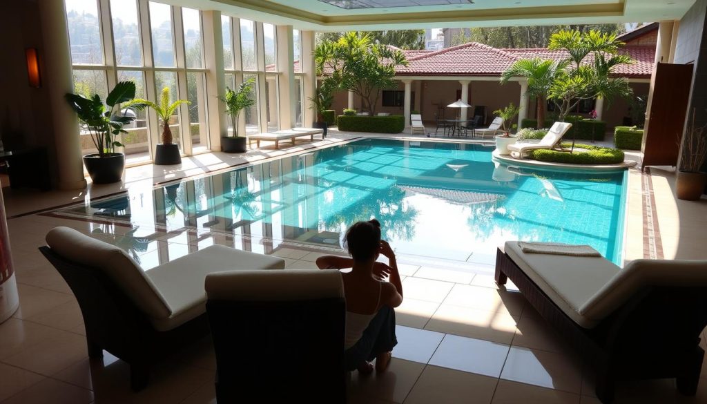 A luxurious spa resort nestled in the picturesque Anatolian side of Istanbul, showcasing a harmonious blend of traditional Turkish wellness practices and modern pampering treatments. The elegant lobby leads to a tranquil indoor pool area, where sunlight filters through floor-to-ceiling windows, casting a warm glow on the serene waters. Beyond, private massage suites offer soothing aromatherapy and expert therapists, while the sauna and steam rooms provide a rejuvenating escape. Lush greenery and water features dot the meticulously landscaped outdoor gardens, creating a serene oasis of calm amidst the bustling city. Clients indulge in a holistic experience of relaxation, revitalization, and self-care in this exceptional Anadolu Yakası spa wellness center.