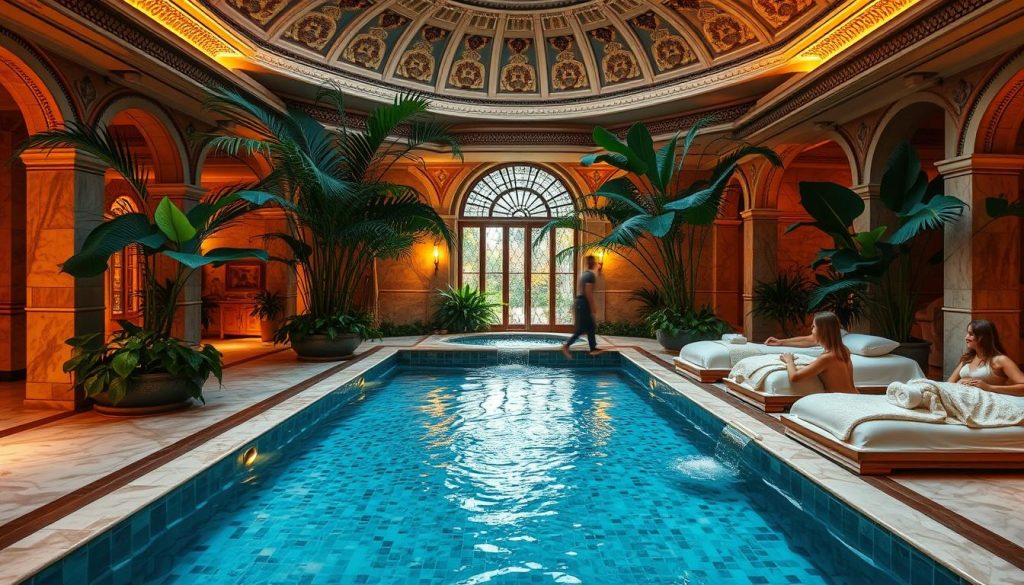 A luxurious spa retreat in the heart of Istanbul, with Turkish marble floors, ornate ceiling domes, and warm mood lighting. Guests soak in a fragrant, mineral-rich pool, surrounded by intricate mosaic tiles and lush, tropical foliage. Nearby, plush massage tables await, where skilled therapists perform traditional Turkish massages using aromatic oils. The air is filled with the soothing scent of jasmine and the calming sound of trickling water features. A serene oasis of relaxation and rejuvenation, offering a truly authentic Istanbul spa experience.