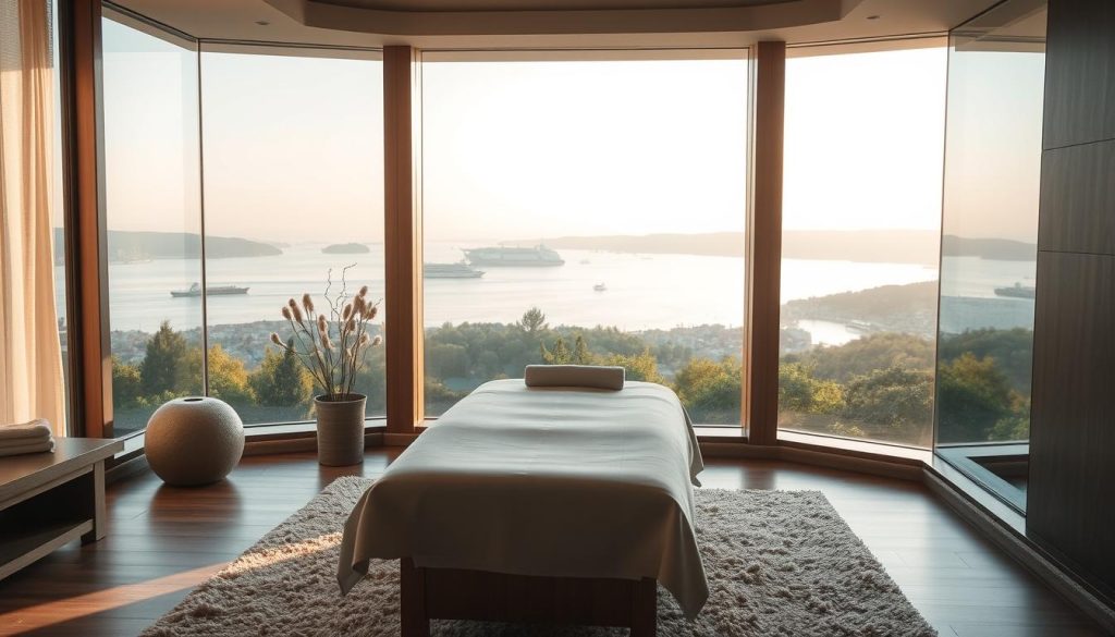 A luxurious spa room overlooking the serene Bosphorus strait, illuminated by soft, natural lighting filtering through large windows. The interior features elegant, minimalist decor with natural materials like wood and stone, creating a calming, spa-like ambiance. In the foreground, a cozy massage table sits atop a plush, neutral-toned rug. The middle ground showcases a tranquil view of the Bosphorus, with boats gently floating across the calm waters and the distant shoreline of Asia visible on the horizon. The background blends seamlessly with this serene scene, with lush greenery and a warm, golden-hour sky creating a serene, picturesque atmosphere.