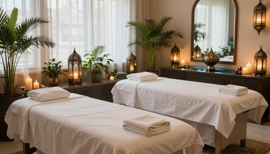 A luxurious spa setting in İstanbul, showcasing a serene and tranquil environment for a massage experience. In the foreground, arrange plush massage tables draped in soft white linens, surrounded by aromatic candles and essential oils, creating an inviting atmosphere. In the middle ground, include lush green plants and elegant decor, such as ornate lanterns and calming water features that reflect traditional Turkish design. The background features large windows with sheer curtains, allowing natural light to filter in, accentuating the peaceful ambiance. Warm, soft lighting enhances the overall mood, evoking relaxation and rejuvenation. The scene is devoid of human presence, focusing entirely on the serene spa environment, inviting the viewer into a blissful experience. A luxurious spa setting in İstanbul, showcasing a serene and tranquil environment for a massage experience. In the foreground, arrange plush massage tables draped in soft white linens, surrounded by aromatic candles and essential oils, creating an inviting atmosphere. In the middle ground, include lush green plants and elegant decor, such as ornate lanterns and calming water features that reflect traditional Turkish design. The background features large windows with sheer curtains, allowing natural light to filter in, accentuating the peaceful ambiance. Warm, soft lighting enhances the overall mood, evoking relaxation and rejuvenation. The scene is devoid of human presence, focusing entirely on the serene spa environment, inviting the viewer into a blissful experience.