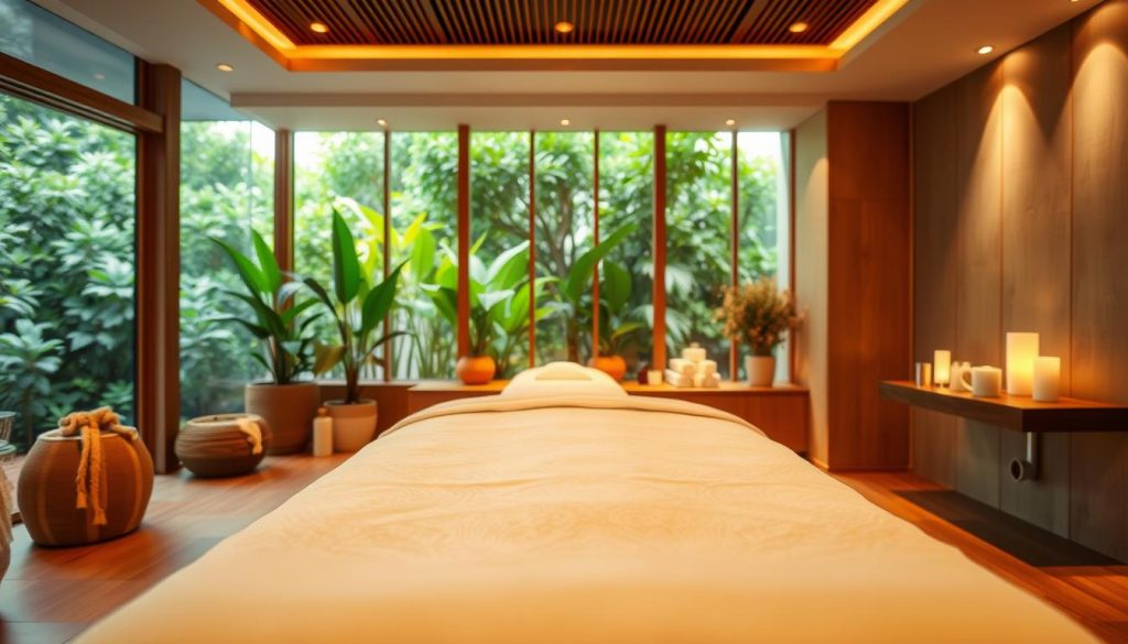 A luxurious spa setting with a cozy, inviting atmosphere. The foreground features a plush massage table draped in soft, white linens. Gentle lighting emanates from recessed fixtures, casting a warm, soothing glow. The middle ground showcases an elegant, minimalist decor with natural wood accents and potted plants, creating a serene, tranquil ambiance. In the background, a large window overlooks a lush, verdant garden, further enhancing the peaceful, rejuvenating experience. The overall scene conveys a sense of relaxation, pampering, and well-being.