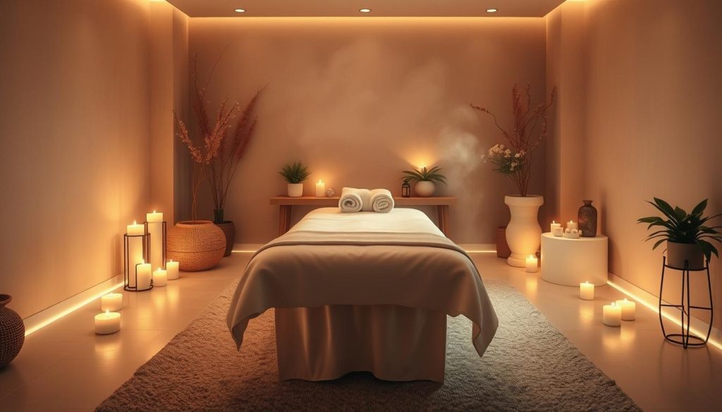 A luxurious spa treatment room, bathed in soft, warm lighting. Plush, inviting massage table in the center, draped with crisp white linens. Decorative candles flicker, casting a serene ambiance. Potted plants and natural elements adorn the space, creating a tranquil, organic atmosphere. Gentle steam rises, hinting at the soothing, rejuvenating experience to come. Soft, muted colors and textures evoke a sense of pampering and relaxation. The scene exudes an air of indulgence and self-care, beckoning the viewer to unwind and immerse themselves in the massage experience.