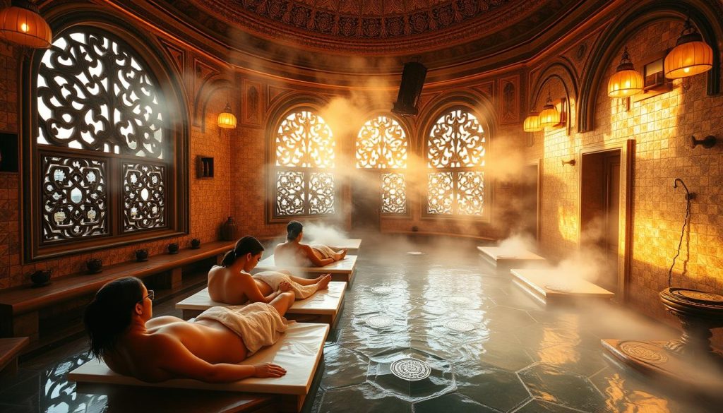 A luxurious traditional Turkish bathhouse, with ornate tiled walls and domed ceilings casting warm, golden light. Patrons recline on heated marble slabs, being massaged by skilled practitioners using aromatic oils. Billowing steam fills the air, creating an immersive, tranquil atmosphere. In the background, intricate latticed windows allow glimpses of the bustling city outside, contrasting the serene, timeless quality of the interior. The scene evokes a sense of timeless elegance and relaxation, capturing the essence of popular Turkish bathing and massage therapies.