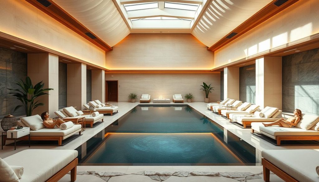 A luxurious, tranquil spa environment with plush, cream-colored textiles, rich wood accents, and soft, warm lighting. A centerpiece infinity pool reflects the high ceilings and skylights, creating a serene, contemplative atmosphere. Clients relax on chaise lounges, sipping herbal teas and indulging in rejuvenating treatments. Calming scents of essential oils linger in the air, complementing the soothing ambiance. Potted plants and natural stone details evoke a connection to nature, while modern, minimalist furnishings exude a sense of contemporary elegance. This high-end spa experience offers a perfect retreat from the bustle of the city, providing a sanctuary for relaxation and wellness.