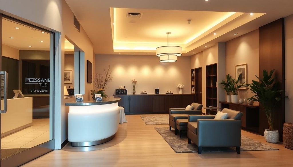 A meticulously designed and well-equipped massage therapy center, with a clean and serene ambiance. The entrance features a modern, minimalist facade, inviting patrons to explore the calming, hygienic space within. Soft, diffused lighting casts a warm glow, accentuating the sleek, professional equipment and high-quality furnishings. The reception area is tastefully appointed, projecting an air of professionalism and attention to detail. Gleaming surfaces and discreet signage indicate the center's commitment to cleanliness and personalized service, catering to the needs of each client. The overall scene conveys a sense of tranquility and rejuvenation, reflecting the care and expertise of the certified practitioners within.